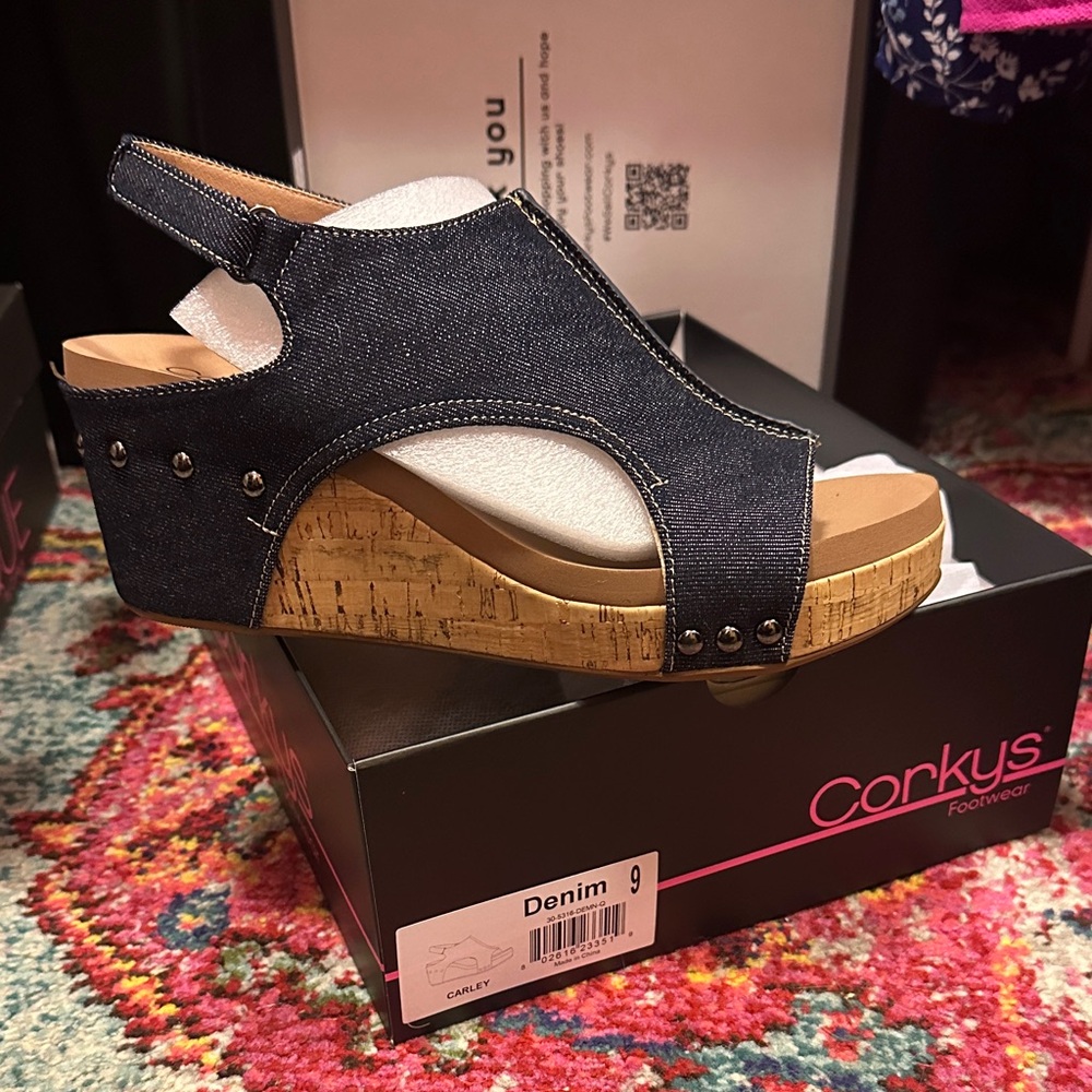 Corkys Dark Denim Wedge Sandals